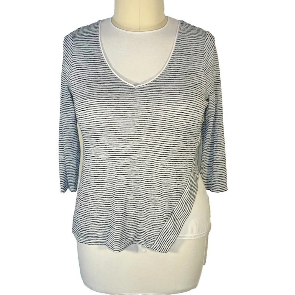 WHBM - Blouse Women's L Black White Mini Stripe Mixed Media V-Neck 3/4 Sleeve